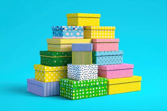 Vibrant and colorful gift boxes stacked playfully, bright lighting, cheerful wrapping materials, and a festive mood, perfect for promoting holiday deals and deliveries