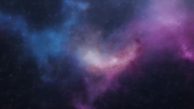 A breathtaking cosmic nebula displaying vibrant blue, purple, and pink gas clouds swirling across the dark expanse of deep space, dotted with countless distant stars.