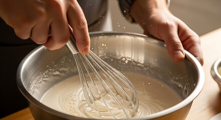 Chef hand stirring batter inside steel mixing bowl at kitchen table