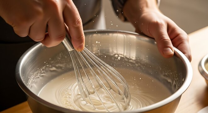 Chef hand stirring batter inside steel mixing bowl at kitchen table