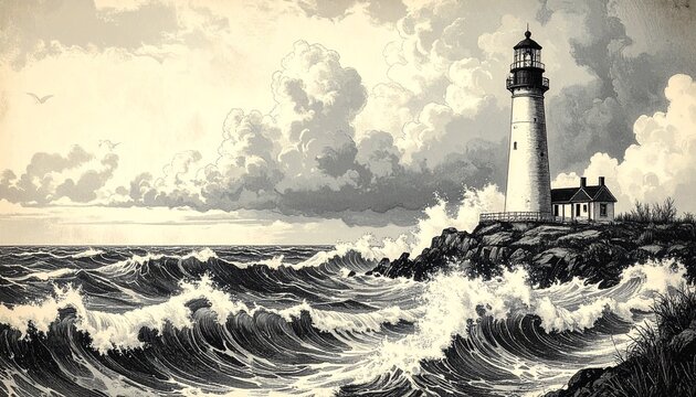 Stormy Coastline with Lighthouse and Dramatic Waves for Scenic Use