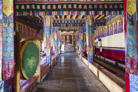 Dukhang, prayer and meeting room, Diskit Monastery, near Hunder, Nubra Valley, Ladakh, Jammu and Kashmir, Indian Himalayas, North India, India