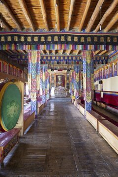 Dukhang, prayer and meeting room, Diskit Monastery, near Hunder, Nubra Valley, Ladakh, Jammu and Kashmir, Indian Himalayas, North India, India