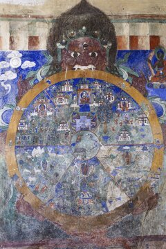 Buddhist mural, Tibetan Buddhism, death god Yama holding the wheel of life, Dskit Monastery, near Hunder, Nubra Valley, Ladakh, Jammu and Kashmir, Indian Himalayas, North India, India