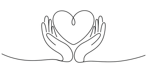 Hands holding heart continuous line art drawing minimalist design.
