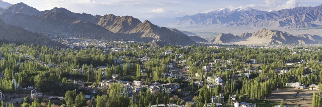 Panorama over Leh and the Indus Valley to the Indian Himalayas, Ladakh, Jammu and Kashmir, India