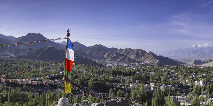 Panorama over Leh and the Namgyal Tsemo Gompa monastery on Tsenmo Hill, a viewpoint over Leh, Ladakh, Jammu and Kashmir, India