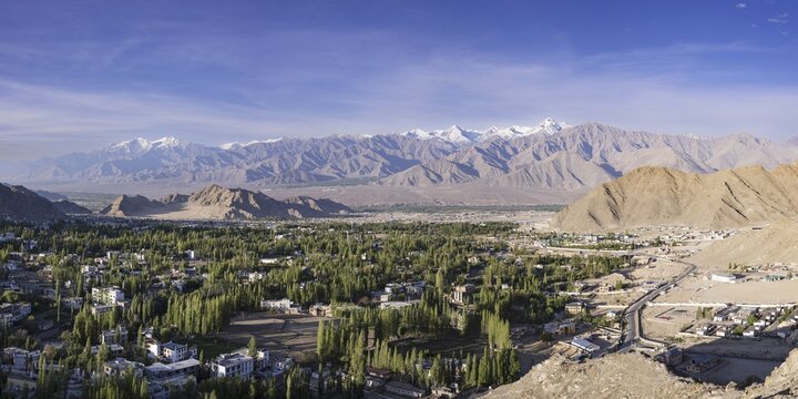 Panorama over Leh and the Indus Valley to Stok Kangri, 6153m, Ladakh, Jammu and Kashmir, India
