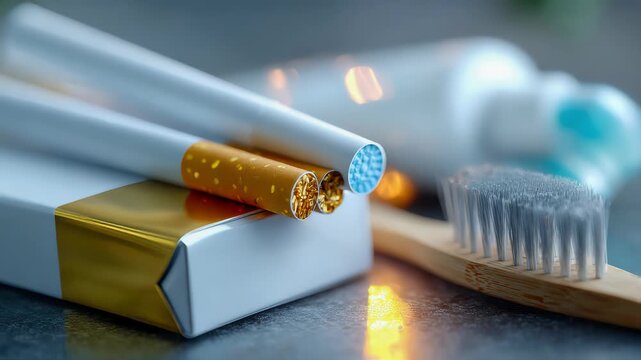 Conceptual still life with toothbrush, cigarette, and toothpaste emphasizing oral health contrast