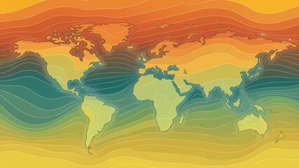 Warm gradient world map climate contour map colorful geography background global temperature pattern abstract cartography design heat map style ocean land silhouette wavy contour lines data