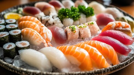 Assorted sushi and sashimi platter on ice