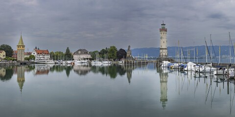 Harbour with man tower, lighthouse and Bavarian lion, Lindau, Lake Constance, Bavaria, Germany