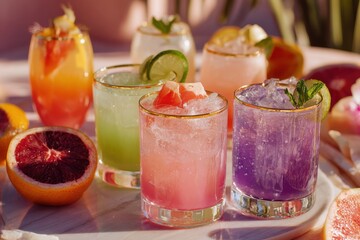 Variety of pastel mocktails with vibrant fruits