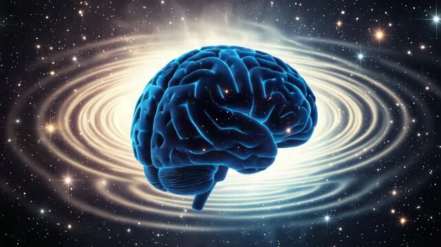Digital human brain glowing with blue light in a vibrant starry cosmos for neuroscience concept and universal consciousness