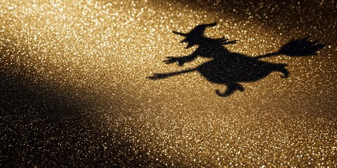Shadow of a witch flying on a broomstick over a sparkling golden glitter surface. The combination of gold light and dark silhouette creates a magical and luxurious Halloween mood.