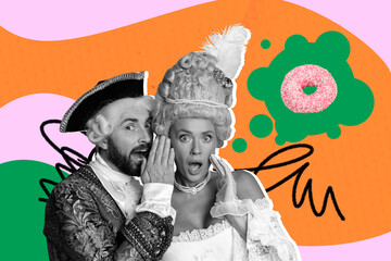 Collage poster template trend artwork sketch of vintage aristocratic elegance style historical young man lady talk mind cloud donut sweet