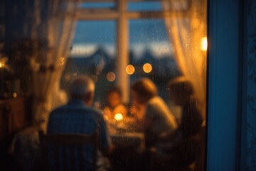 Family gathered at dinner table seen through window
