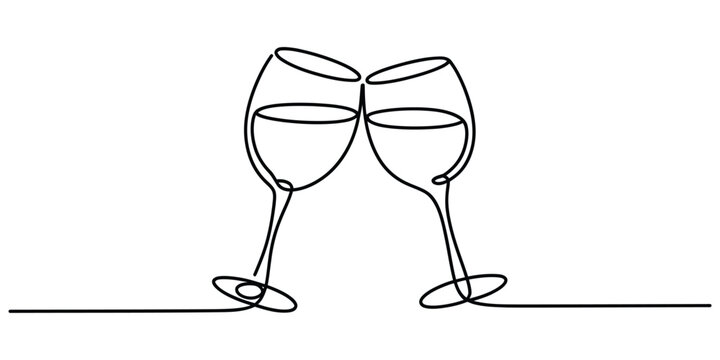 Continuous line art of two elegant wine glasses clinking in a toast