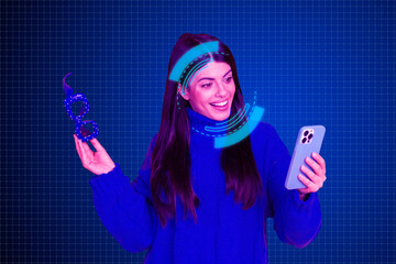 Exclusive artwork poster collage of happy girl hold phone scan face id verification frame software hacking cyberspace glasses
