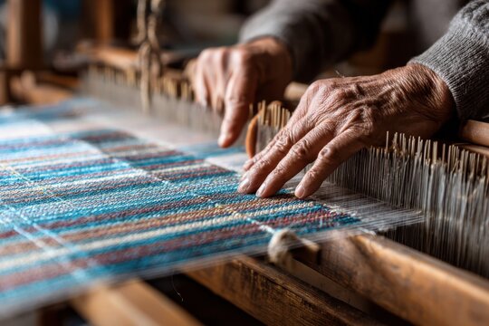 Crafting traditional fabric on modern loom close-up - Powered by Adobe
