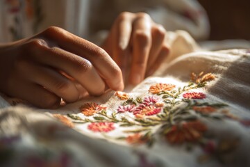 Hands embroidering intricate floral patterns