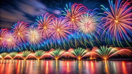 Grand fireworks display illuminating the night sky and reflecting on still water for a festive celebration concept and spectacular holiday event - Powered by Adobe