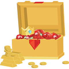 Open Gold Treasure Chest Overflowing With Shiny Red Gems and a Royal Crown Symbolizing Wealth and...