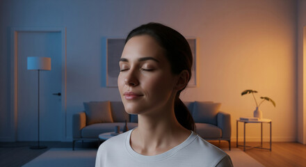 woman with closed eyes is meditating in cozy living room, surrounded by soft lighting and modern furniture, creating serene atmosphere