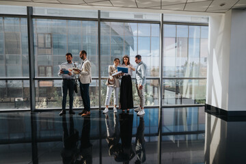 A diverse team of professionals stands in a bright, glass-walled atrium, reviewing papers and...