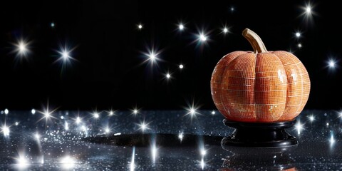 Disco-style pumpkin made of orange mosaic tiles, placed on a glossy surface under bright studio lights. The glowing reflections and sparkles create a glamorous and festive Halloween atmosphere.