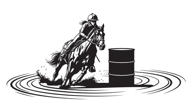 Dynamic barrel racing action with a skilled cowgirl and powerful horse, perfect for western themes, rodeo events, and equestrian sports with a classic black and white style