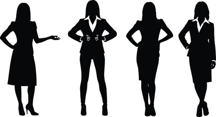 Set of business women silhouettes, corporate female figures, vector collection, standing poses in suits, office manager, professional team, isolated illustration.
