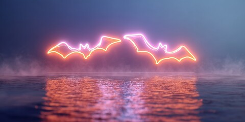 Two neon bats glowing in orange and pink above a reflective water surface in misty twilight. The scene combines futuristic light art with a mysterious night atmosphere, evoking a modern Halloween