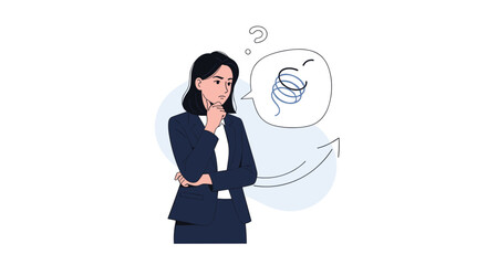 A businesswoman in a suit ponders a tangled thought bubble, symbolizing confusion or complex problem-solving.