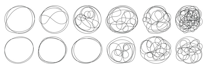 Messy round scribble circle. Charcoal pen round ovals. Hand drawn doodle grunge circle highlights. Ellipses pencil doodle style set. 
