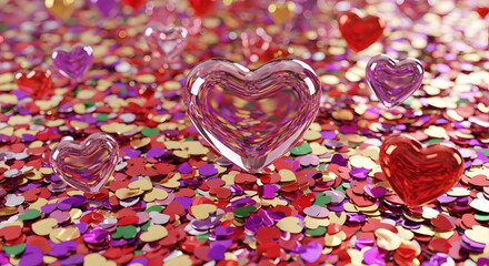 Shiny hearts confetti floating in air as symbol of love and affection for backdrop