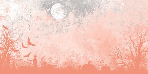 Soft pastel Halloween landscape with bats flying over bare trees, pumpkins, and a full moon in a misty sky. The gentle pink tones give the spooky scene an elegant and dreamy look.