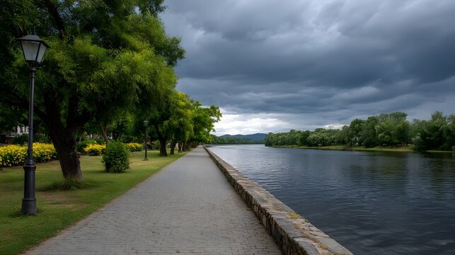 A paved walkway lines a wide river under a dramatic stormy sky with lush green trees and yellow flowers