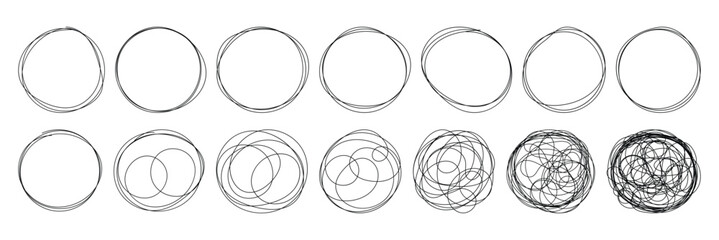 Pencil hand drawn crayon outline ovals or ellipses set. Highlight oval rough sketch circle emphasis elements. Vector marker circular lines. Messy circular vector image. Abstract scribble Round Line.