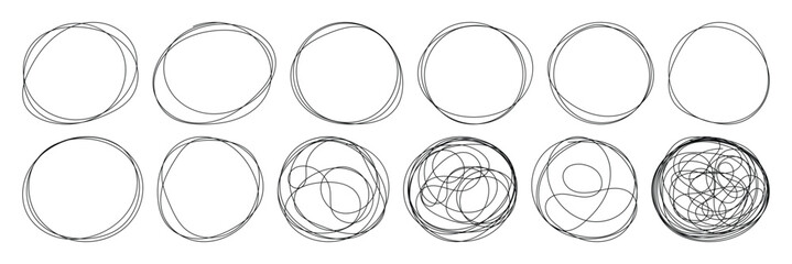 Abstract messy scribble circle. Oval highlight by pen, marker, brush, crayon, pencil. Hand drawn scribble. Circular doodle sketch scribbles round. Doodle Swirl Circle Set Line Art Collection
