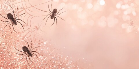 Three rose gold spiders on a soft blush background with shimmering glitter particles. The elegant metallic texture and warm tones create a stylish and glamorous Halloween composition.
