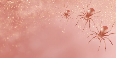 Three rose gold spiders on a soft blush background with shimmering glitter particles. The elegant metallic texture and warm tones create a stylish and glamorous Halloween composition.