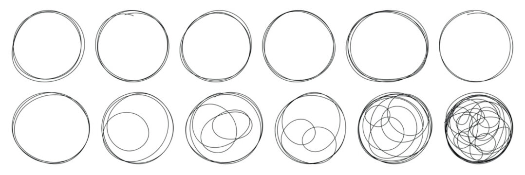 Pencil hand drawn crayon outline ovals or ellipses set. Highlight oval rough sketch circle emphasis elements. Vector marker circular lines. Messy circular vector image. Abstract scribble Round Line.