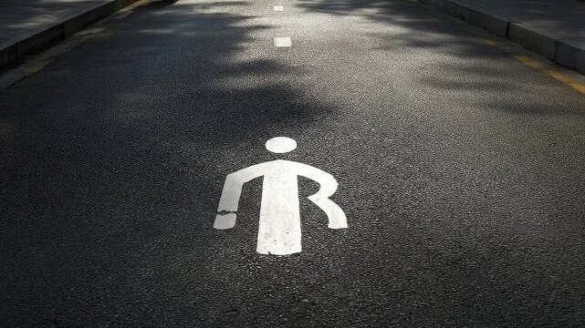 Road with a white pedestrian symbol and dashed lines casting shadows near a curb
