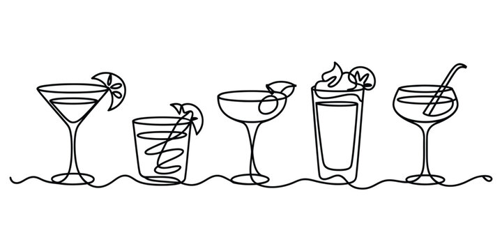 Continuous line art drawing of various cocktail glasses and drinks