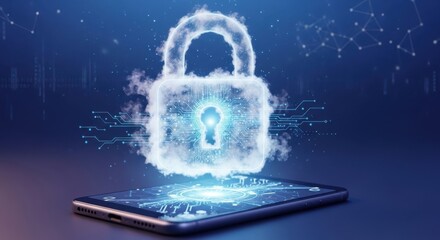 Digital padlock security concept, data protection with smartphone, circuit board elements, blue background