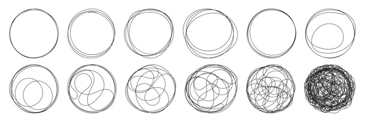 Messy round scribble circle. Charcoal pen round ovals. Hand drawn doodle grunge circle highlights. Ellipses pencil doodle style set. 