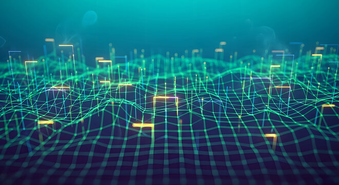Abstract technology grid background with glowing data points connecting into a digital landscape