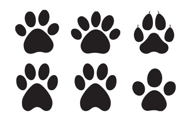 Set of six black paw print vector illustrations with claws isolated on a white background
