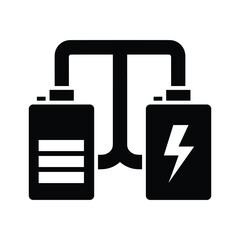 Two black battery icons connected by a black pipe symbol power energy
